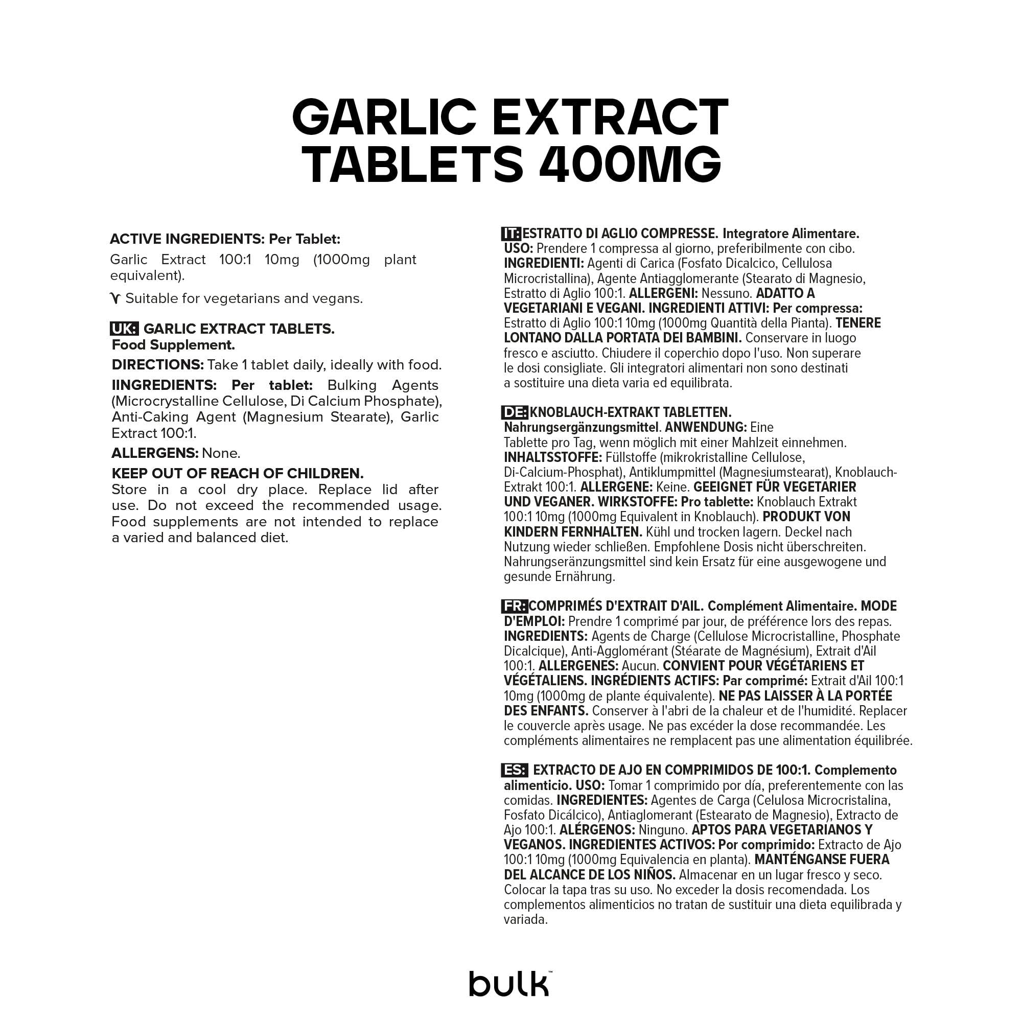 Bulk Estratto di aglio Compresse da 400 mg, 1000 mg, integratore di aglio inodore ad resistenza, 270 Compresse, 270 porzioni