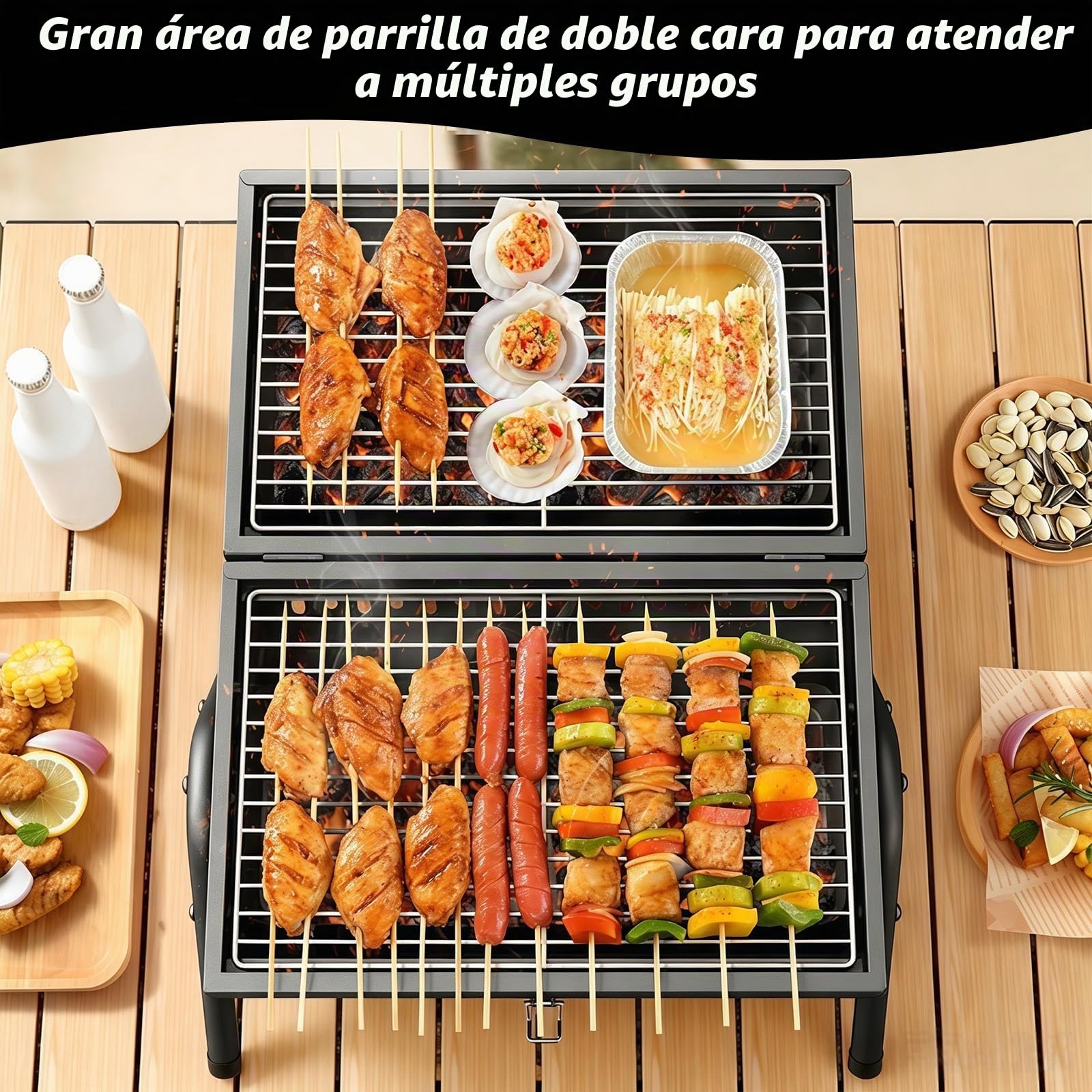 Barbacoa de carbón de doble cara portátil, pequeña parrilla de carbón vegetal para asar y asar, parrilla de mesa ligera para camping al aire libre picnic