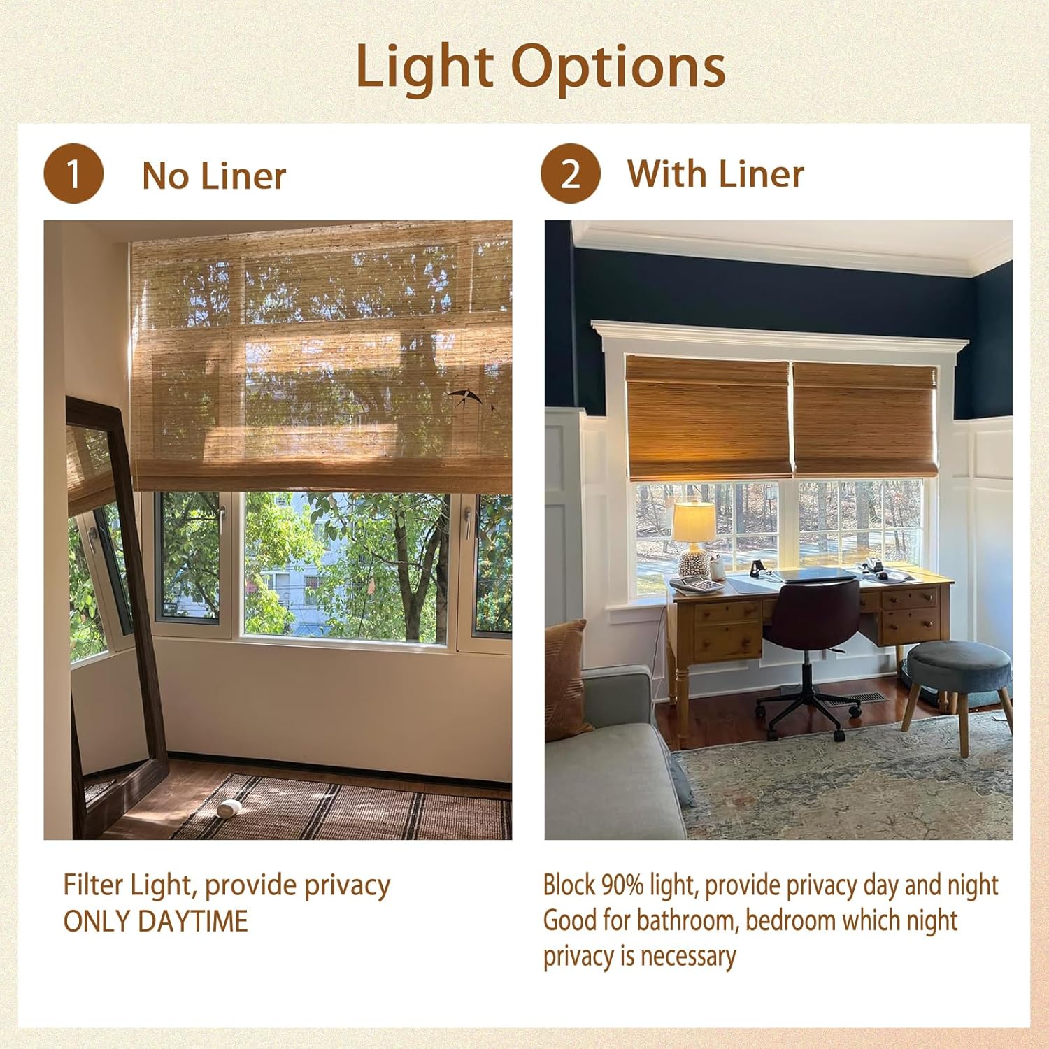 No Drill Cordless Hemp and Bamboo Roman Shades Customized Light Filtering Blackout Window Blinds, Beige