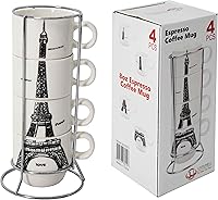 Vista 1 de Uniware Chic Eiffel Tower Paris - Juego de tazas de café de porcelana apilables con soporte de acero inoxidable, caja de regalo (juego de 4 tazas)