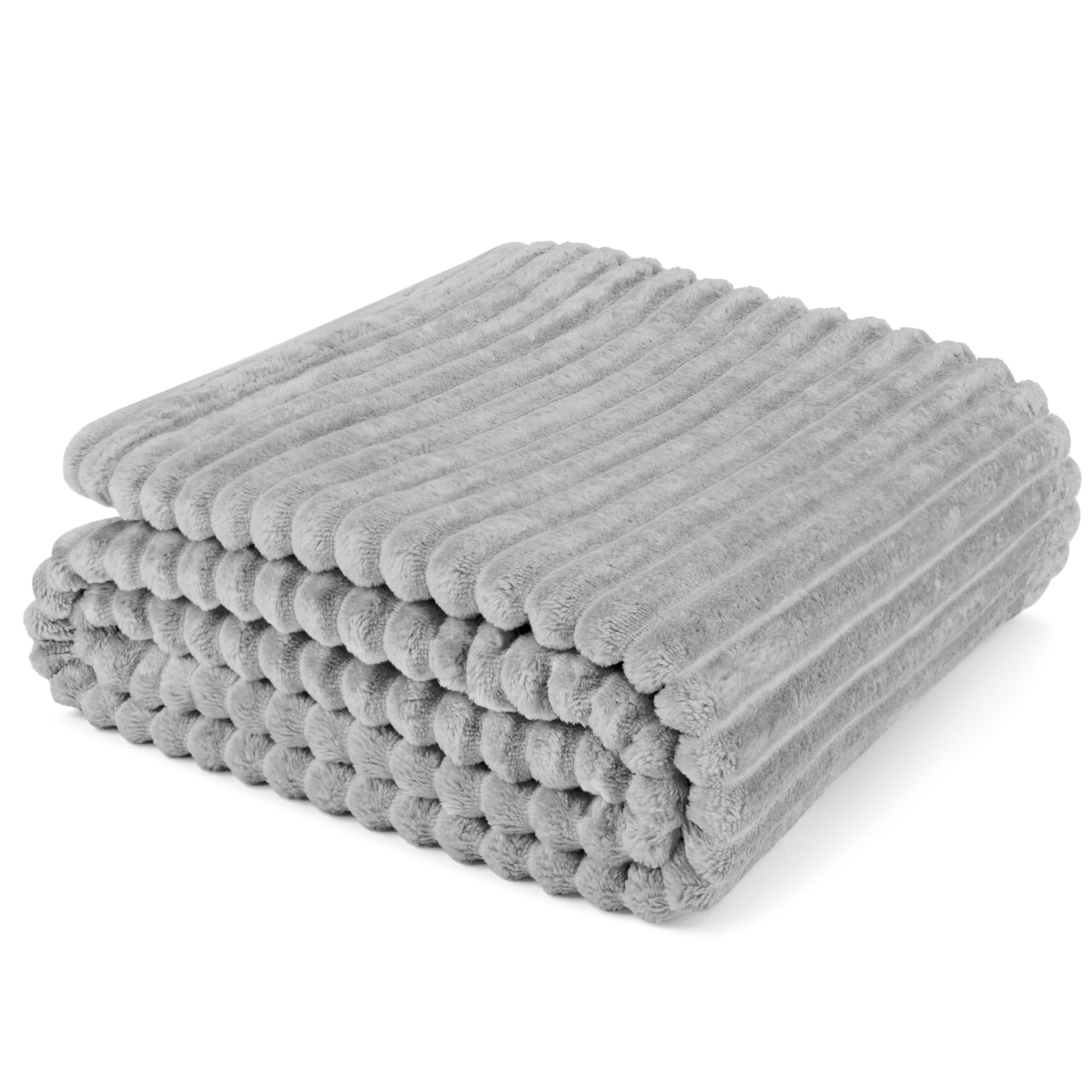 PAVILIA Super Soft Fleece Throw Blanket Twin Light Grey, Fuzzy Plush Flannel Throw, Warm Cozy Ribbed Microfiber Blanket for Sofa Couch Bed, Lightweight Striped Blanket, Gray, 60x80