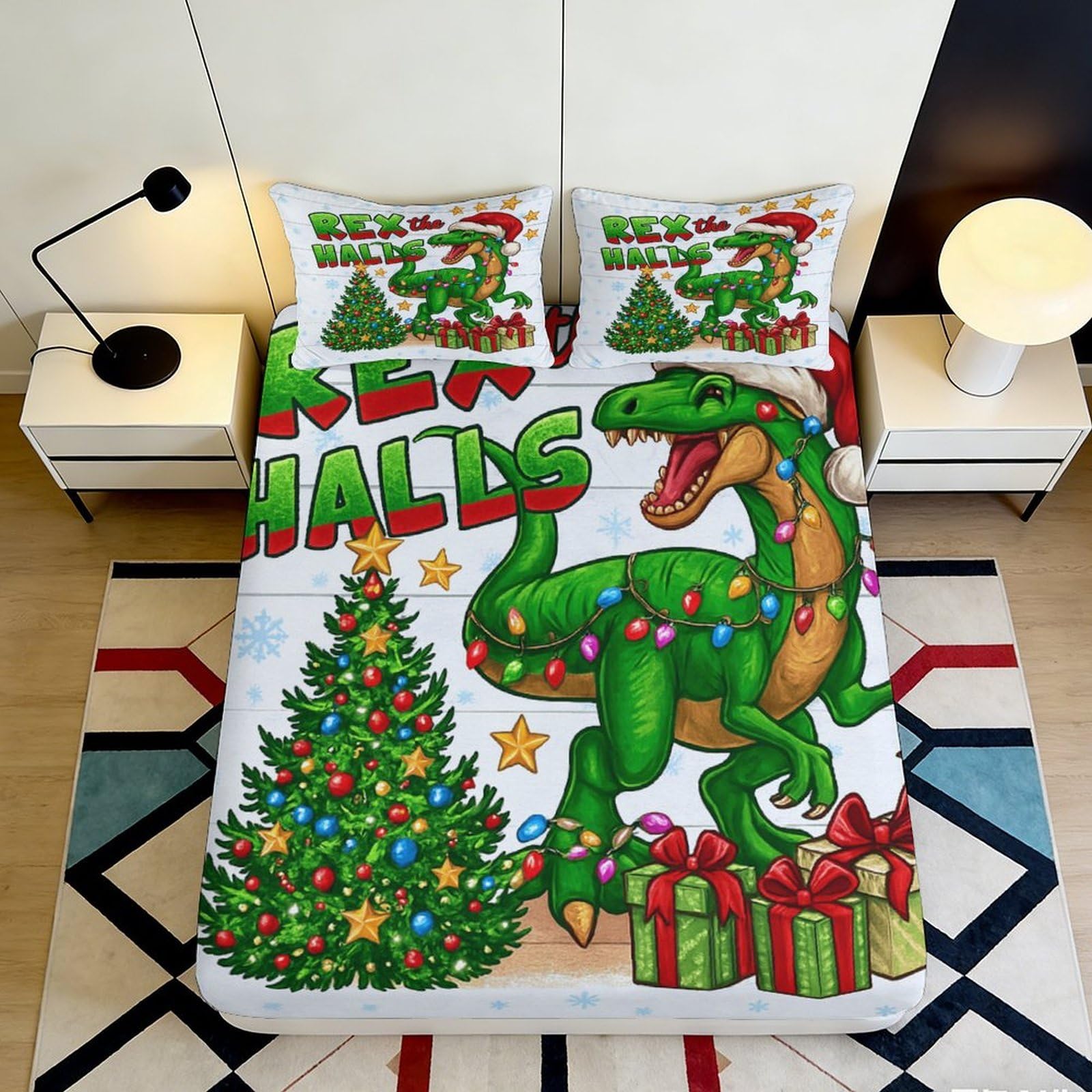 3D Printed Dinosaur Christmas Fitted Sheet Microfiber Deep Pocket Non-Slip Bedding Wrap Dinosaur Christmas Mattress Fitted Cover 200x200x25cm