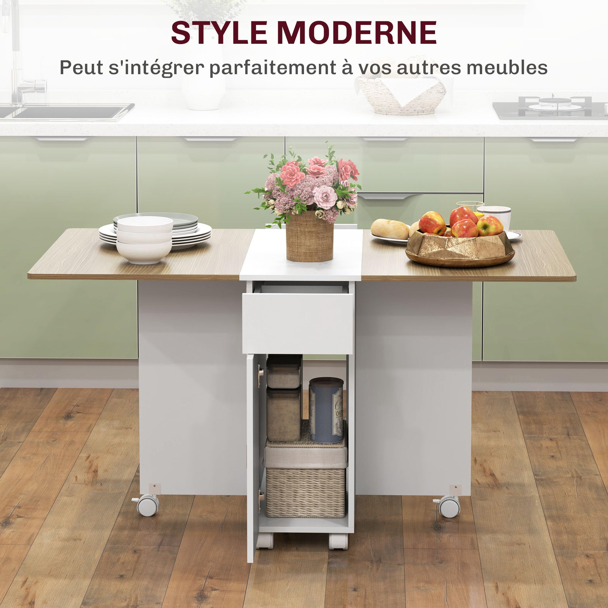 HOMCOM Table Pliante De Cuisine Salle à Manger Amovible Sur Roulettes 75L X 140l X 74H Cm 2 étagères Intégrées En Bois Coloris Blanc