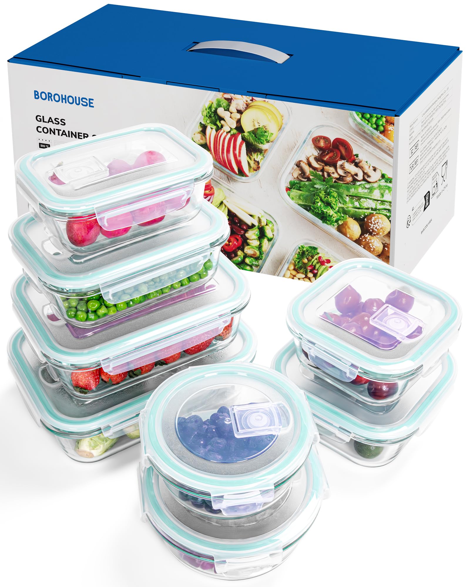 Set di 8 contenitori per alimenti in vetro borosilicato con coperchi ermetici, adatti per forno, microonde e freezer, a prova di perdite, senza BPA, per cottura al forno, preparazione dei
