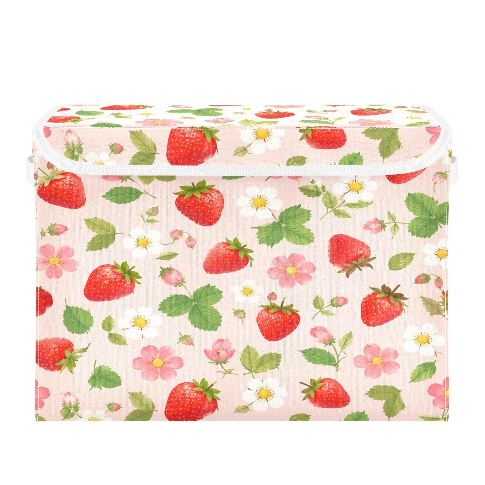 Cgiub Strawberry Storage Bins with Lids Decorative Fabric Storage Boxes with Handles Closet Organiser Foldable Baby Basket for Nursery Bedroom Office