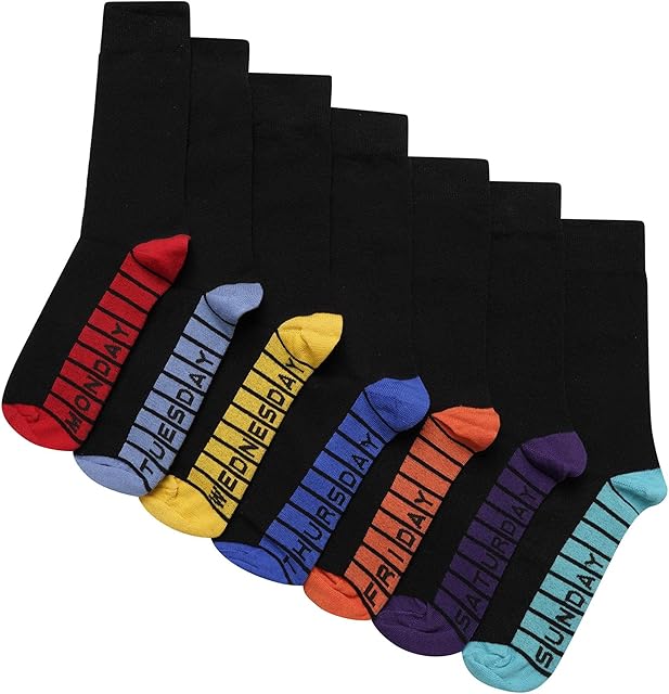 Soxy Mens Days of the Week Socks - 7 Pack - Cotton Rich Colour Sole, Heel & Toe Socks - Black-Multi Colour - UK Shoe Size 6-11