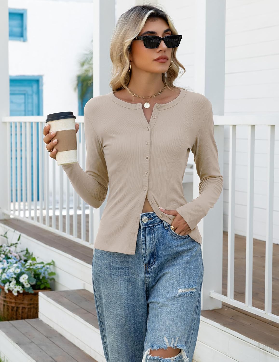 Gleenat Womens Ribbed Long Sleeve Going Out Tops Button Down Up Cardigan Sweaters Lightweight Regular Length Cute Cardigan - Image 2