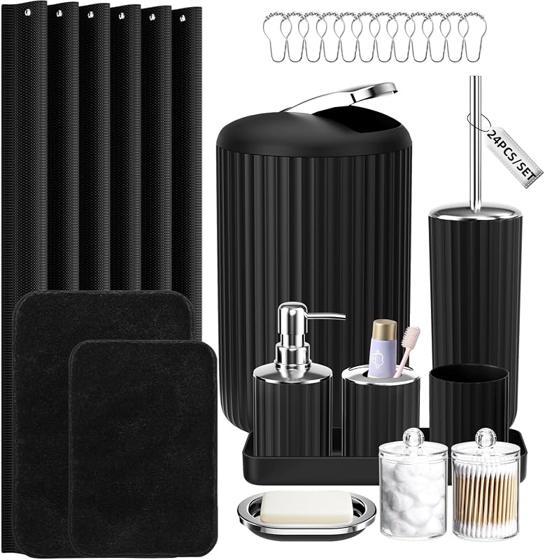XLHOMO 24 PCS Black Bathroom Accessories Set with Shower Curtain and Rugs, Bathroom Decor Set with Trash Can, Toilet Brush, Soap Dispenser, Toothbrush Holder, Tumbler, Soap Dish and Jars