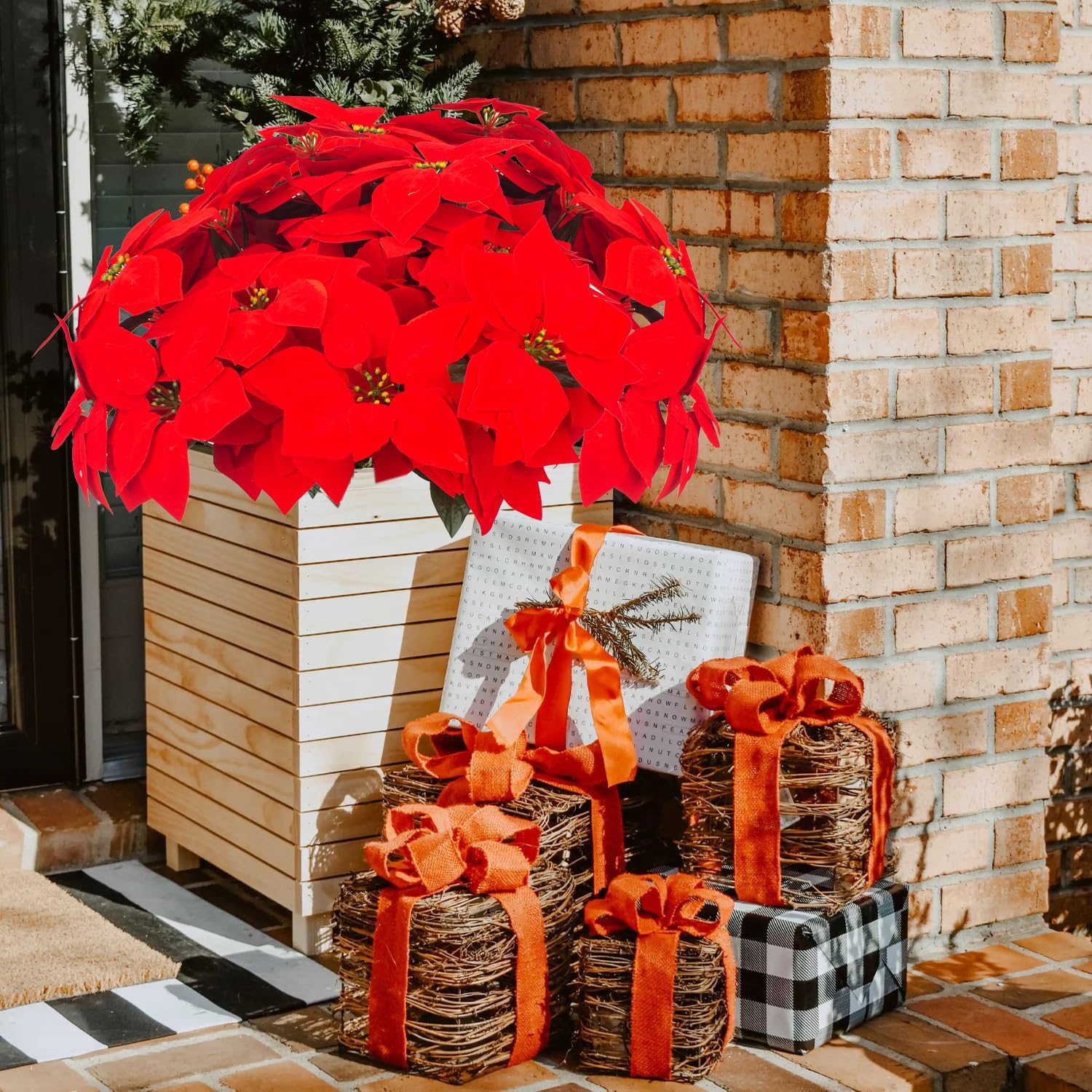 5 Artificial Poinsettia Flowers Bouquet Christmas 7 Heads 19.6”Faux Red Poinsettia Bush Fake Flowers for Home Porch Xmas Tree Garden Indoor Outdoor Office Christmas Decorations - Image 7