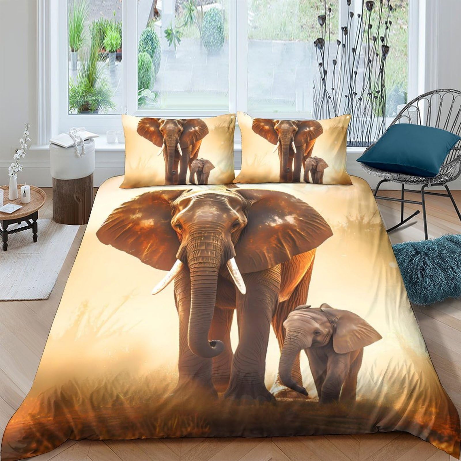GPLZQXKJNH 3D Printed Elephant Family Duvet Cover Set Microfiber Soft Breathable Safari Animals Bedding Set with 2 Pillowcases for Bedroom Decor Single（135x200cm）
