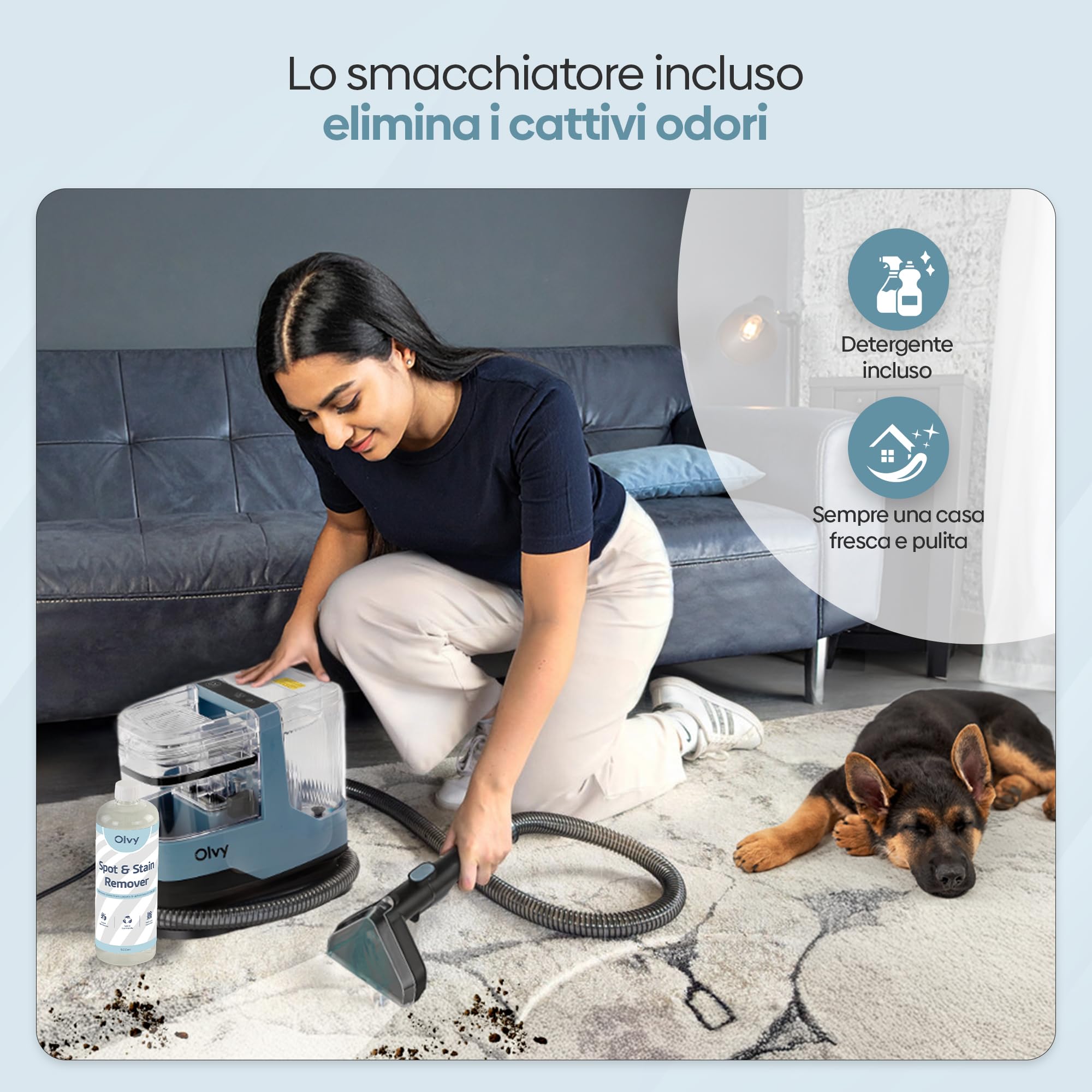 Olvy Pulitore Tappeti 2.0 – Potente Rimuovi Macchie 17.000 PA con Tubo 1,6m, Cavo 4m, Funzione Autopulente & 500ml Soluzione Pulente – Tappeto, Divano, Materasso & Auto