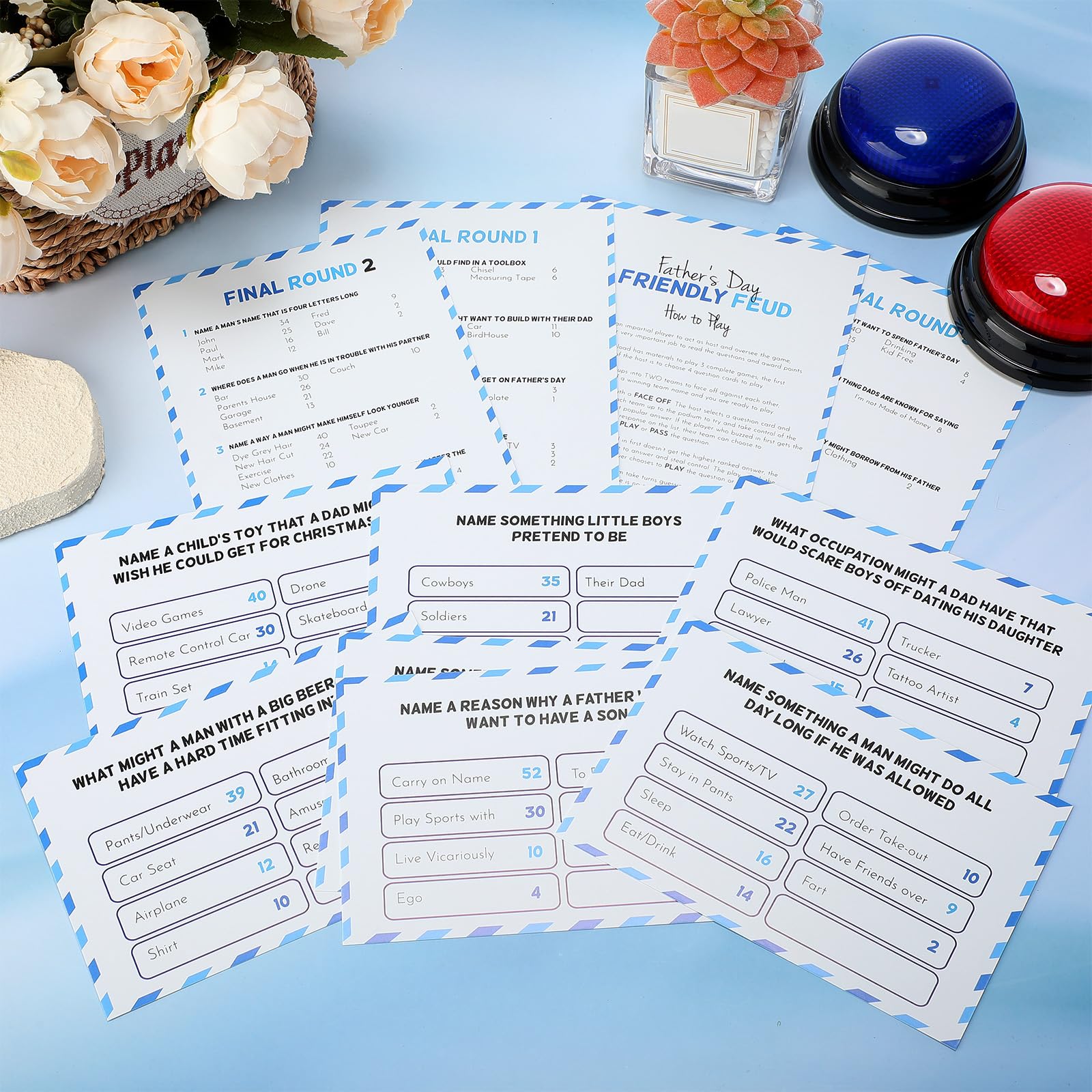 Halloscume Juego de feudo amigable para el día del padre con zumbadores de 2 respuestas, tarjetas de enemistad para juegos familiares, diversión nocturna, cuestionario de trivia para fiestas, oficina