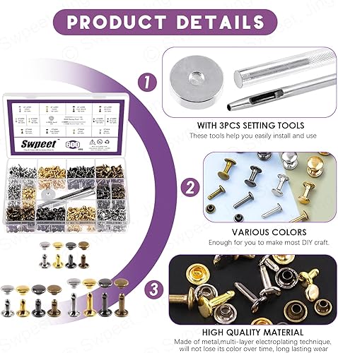 Miniatura 3 de Swpeet 600 juegos de remaches de cuero de 0.236 in, 0.315 in, 0.472 in, remaches de cuero de doble tapa con 3 herramientas de fijación, kit surtido