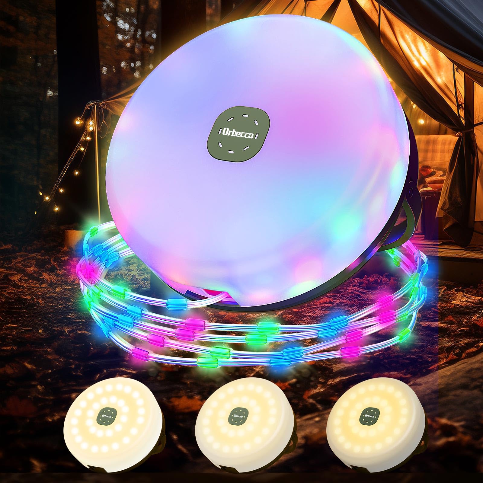 Orbecco Camping Lichterkette Solar 12m, 2 in 1 Verstaubare Camping Licht mit 13 Beleuchtungsmodi, USB Wiederaufladbare Laterne, IP45 Wasserdichte Tragbare Zelt Licht für Draußen, Terrasse, Garten,Gelb