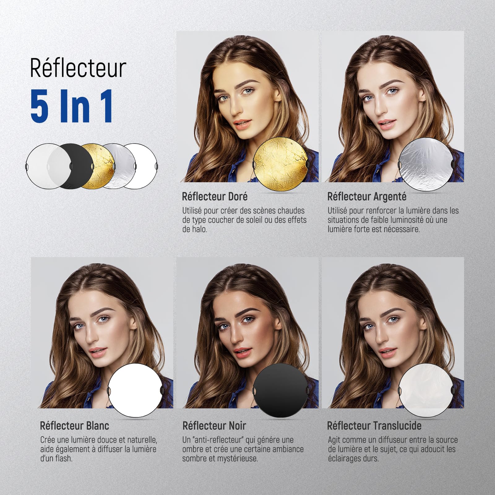 NEEWER 80cm Réflecteur de Lumière,Diffuseur de Lumière Multi-disques Pliable 5 en 1,Translucide/Argenté/Doré/Blanc/Noir,avec Poignées,Filetage 3/8"et Chiffon Nettoyage pour éclairage Extérieur,RF-80II