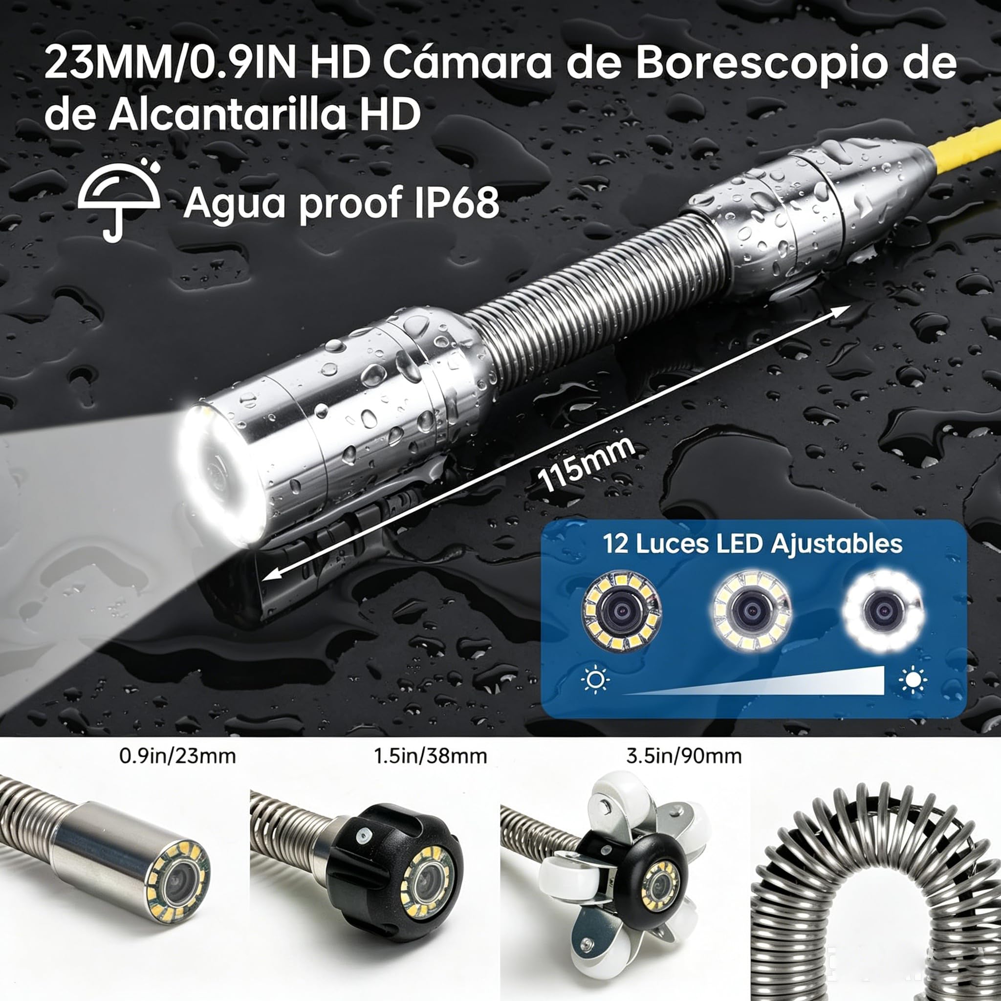 Cámara de inspección de alcantarillado de 30 m con Monitor DVR de 9 Pulgadas y Almacenamiento de 16 GB, cámara portátil para Drenaje de tuberías, con 12 Luces, Ruedas guía y medidor de Distancia