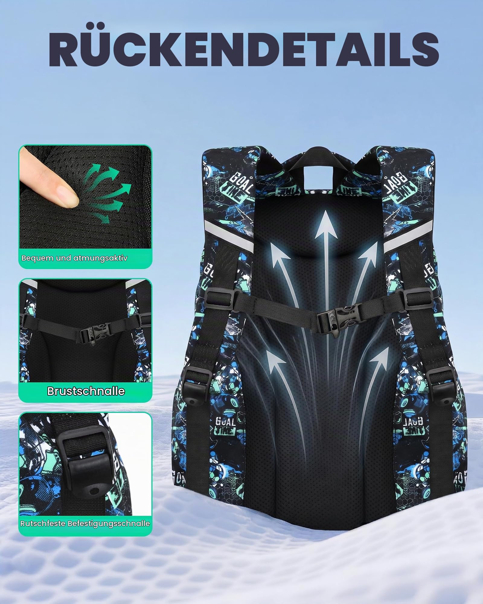 Amythe Schulranzen Jungen 3. bis 9. Klasse 3-teilig Brustgurt Set, Schwarz | Wasserdicht Laptopfach 3-teilig Groß Schwarz Daypack Multitasche Geräumig Robust für Schule Reisen Wandern Freizeit