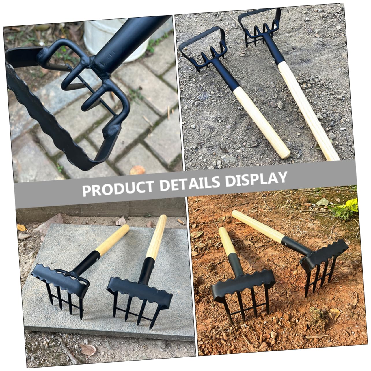 GANAZONO Rastrello da Giardino Mano per Smuovere Terreno Piccolo Rastrello in Portatile per Giardinaggio Manico in Legno
