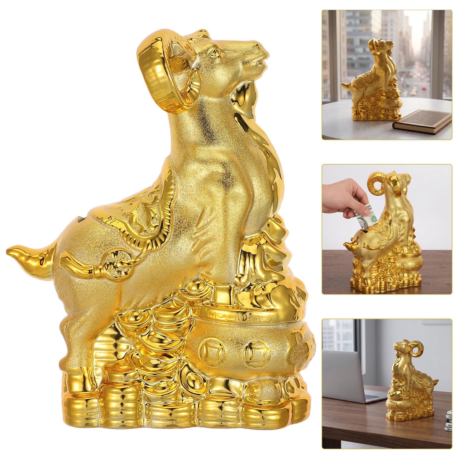 Goldene Keramik Ziegen Spardose mit Münzfach und Schale