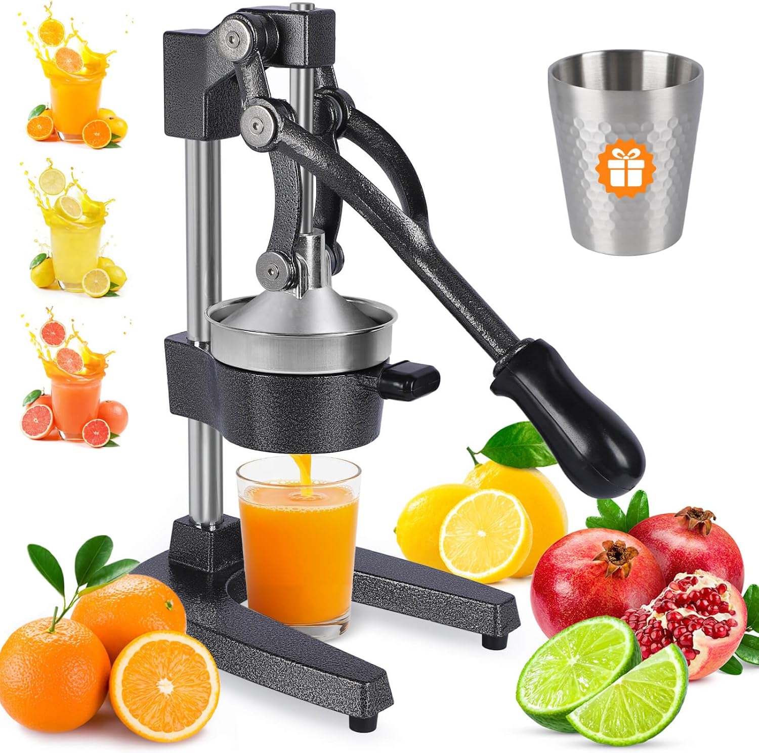 Heavy Duty Cast Iron Manual Juicer, Professional Citrus Press Squeezer for Orange, Pomegranate, Lemon & Lime, Commercial Hand Press Juicer with 304 Stainless Steel Cup