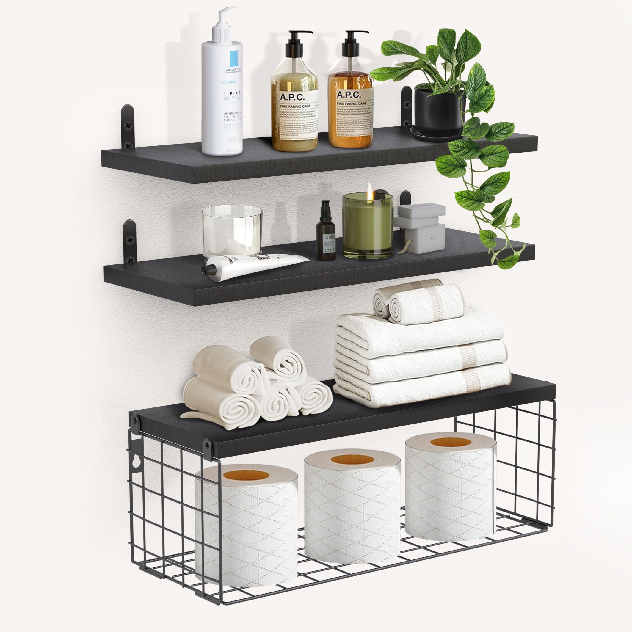 piorlado Baldas Pared, Estante Flotante de Pared Estantes Flotantes con Portarrollos para Papel Higiénico, Baldas de Madera Pared para Cocina Habitacion Baño Libros Salon, 40 cm