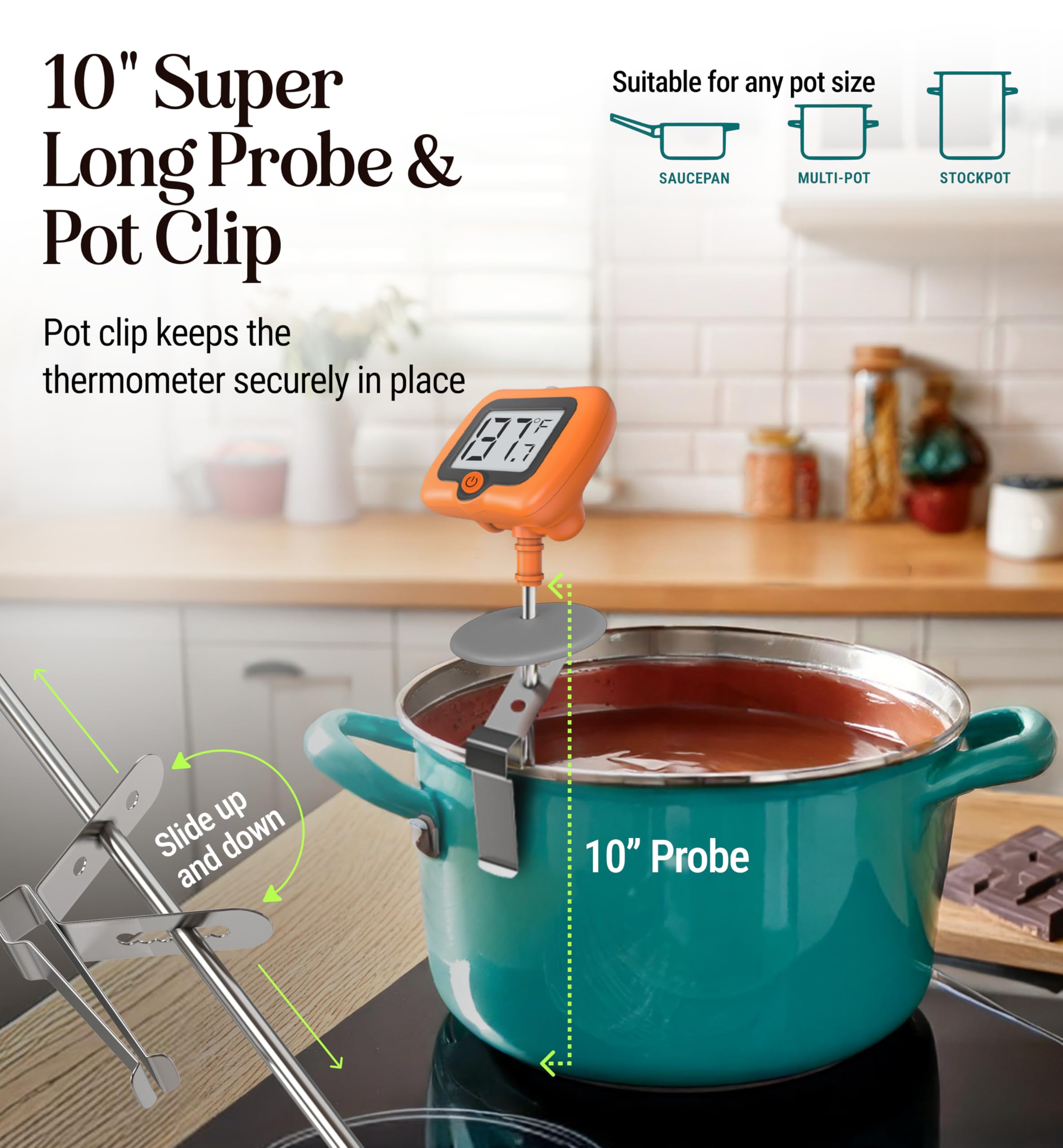 Termómetro de caramelo con clip para olla, termómetro analógico de carne de lectura instantánea con LCD, termómetro de aceite de cocina, termómetro de freír para caramelo, jarabe de arce, grasa,