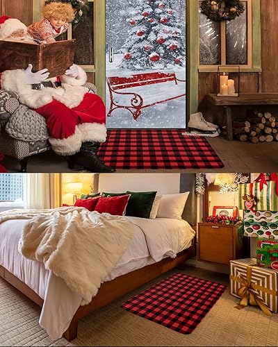 Miniatura 4 de Tapete de Navidad para exterioresinteriores, rústico, rojo y negro, patrón de cuadros de búfalo, antideslizante, para puerta delantera, baño,
