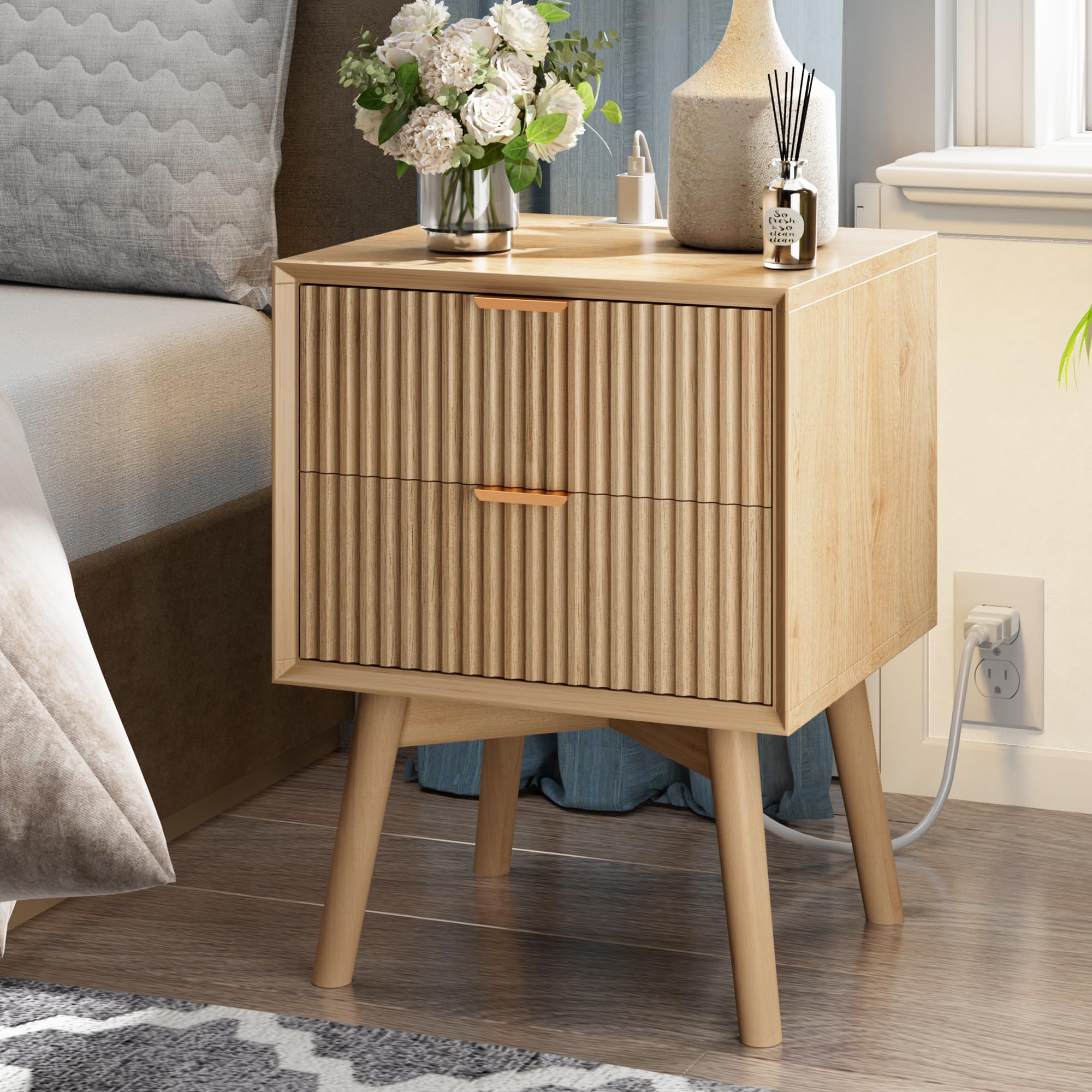 FavourLife Fluted Nightstand, Beveled Edges Night Stand, 2 Drawer Nightstand with Charging Station, Modern End Table with Solid Wood Legs, Wooden