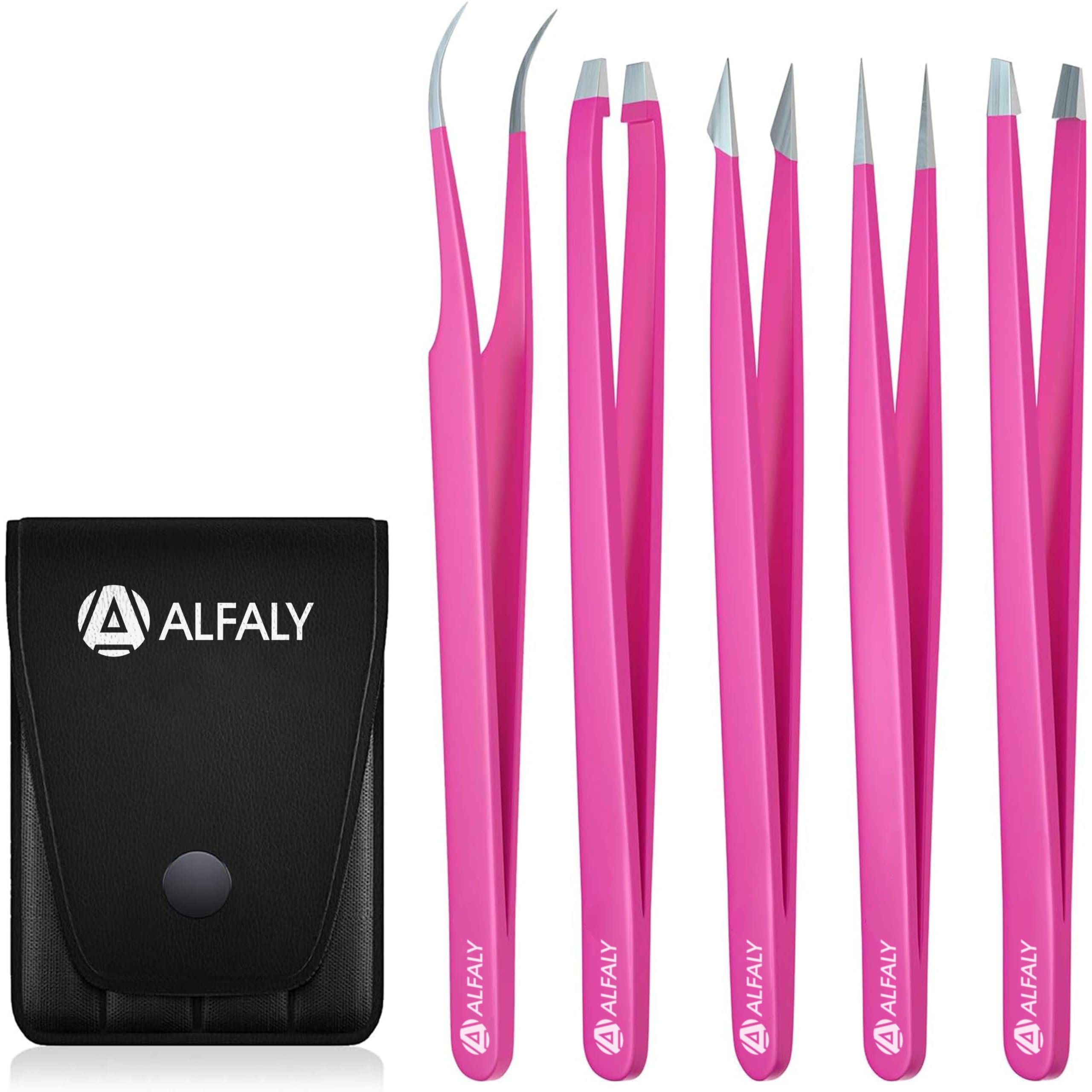 Tweezers Set - Professional Stainless Steel 5-Piece Precision Tweezer for Men & Women - Great for Facial Hair Removal, Eyebrow Shaping, Splinters & Ingrown (Pink)