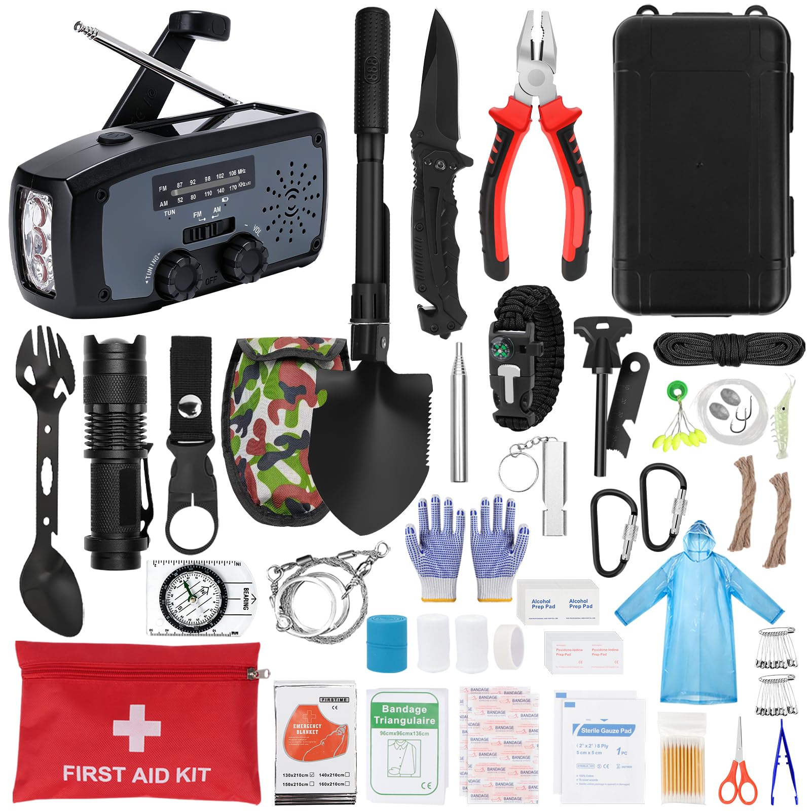 Außen Notfall Survival Kit, 85PCS Überlebenspaket mit Radio/Zange/Werkzeug/Kompass/Taktische Taschenlampe für Männer Camping/Abenteuer/Wandern im Freien