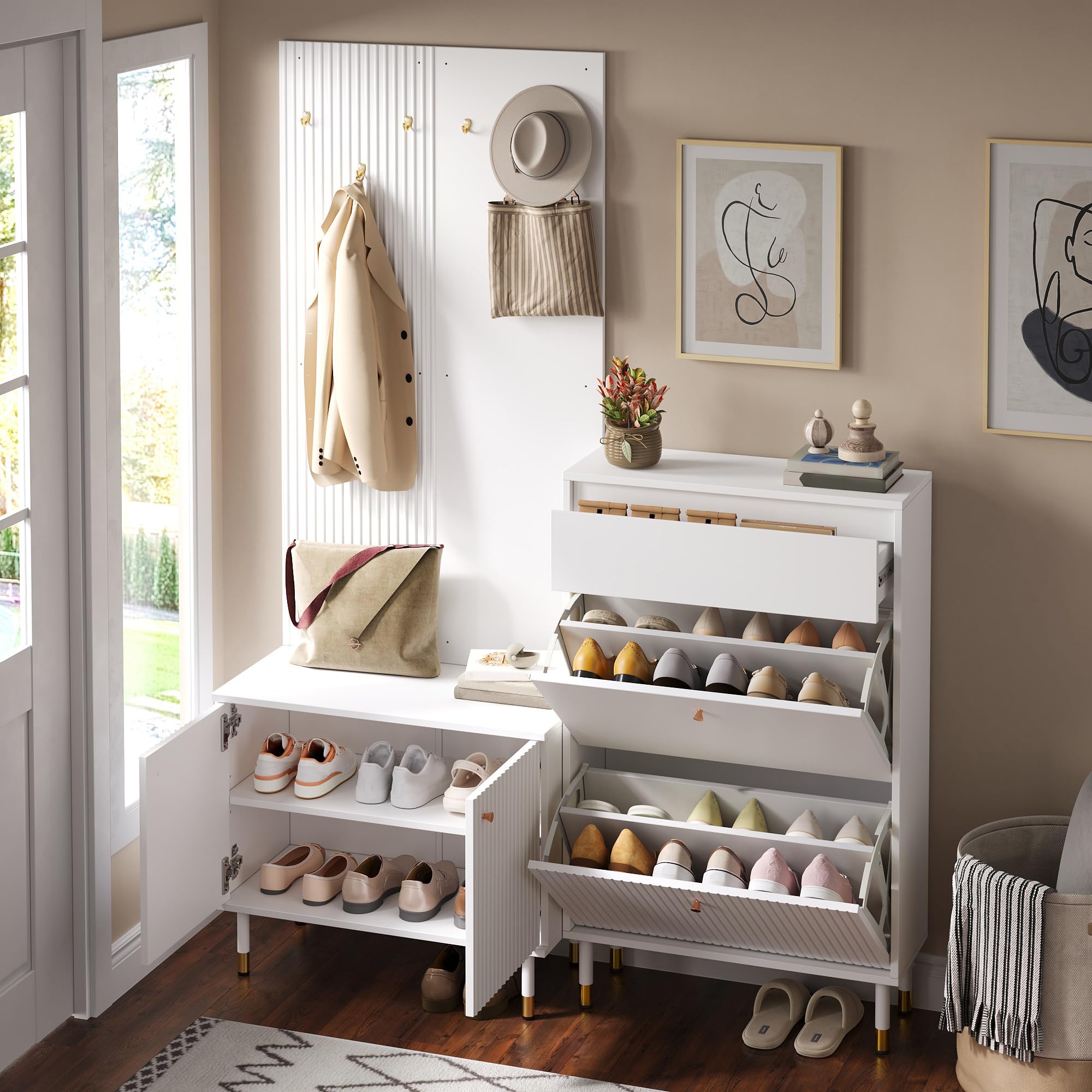 Garderobenset mit Schuhschrank und Staurschrank, kombinierte Standgarderobe mit 6 Haken und Schublade, modulares Flurmöbel für Flur, Diele und Eingangsbereich, Weiß B70xH180xT35 cm + B65xH104xT24 cm