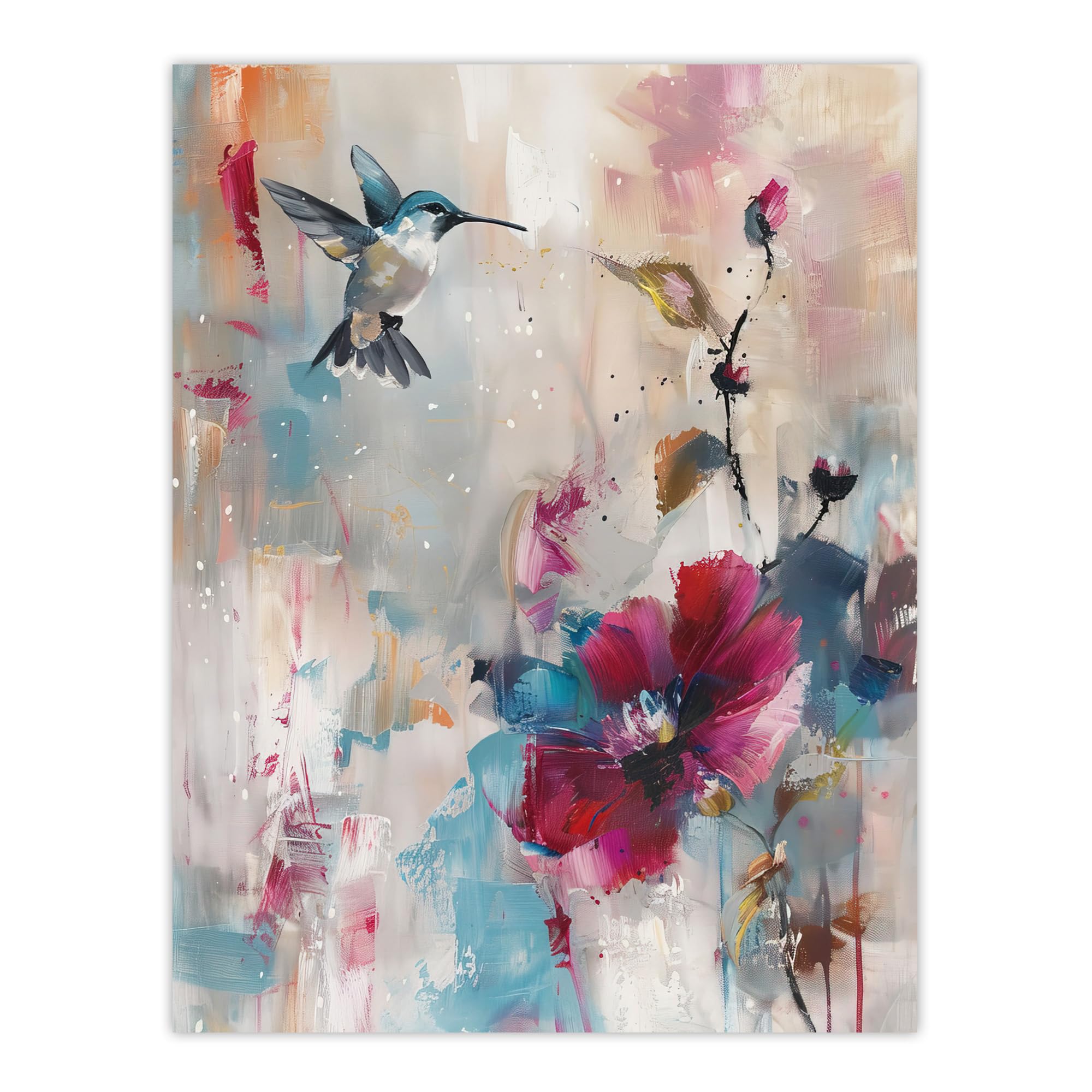 Artery8 Hummingbird and Zinnia Flower Blooms Oil Painting Living Room Unframed Wall Art Print Poster Home Decor Premium