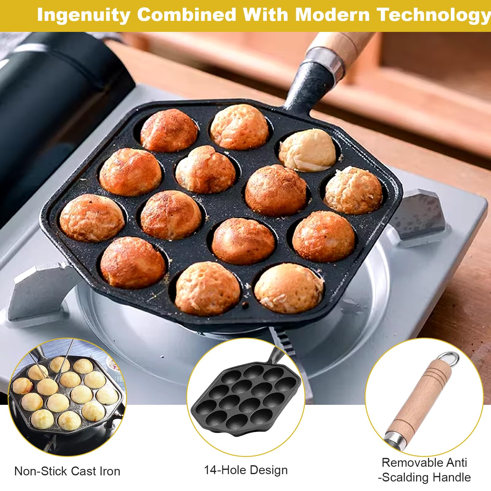 Padella Antiaderente Aebleskivers Takoyaki 14 Fori Ghisa Manico Staccabile