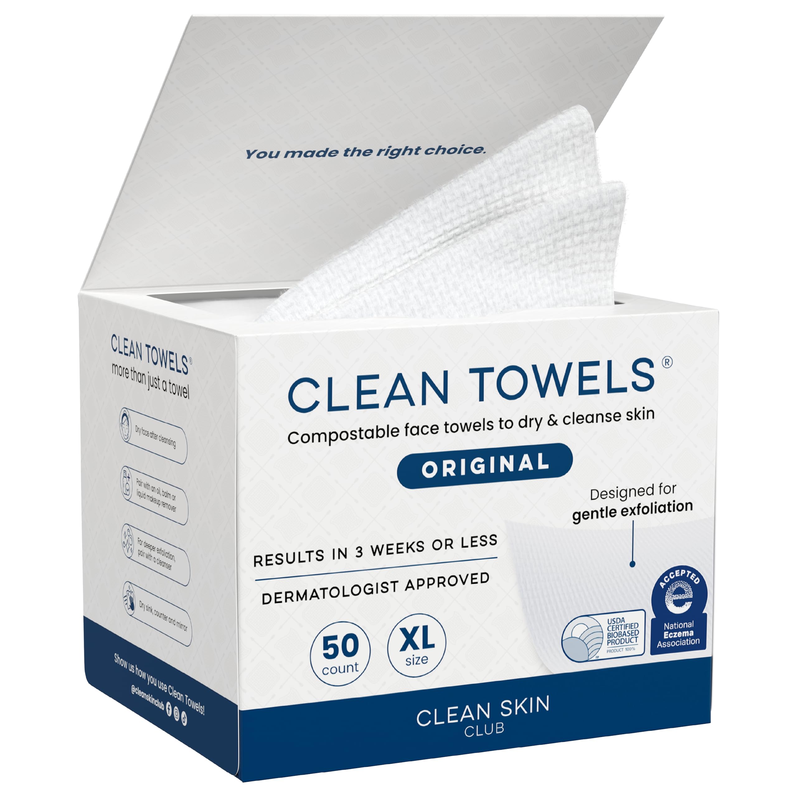 Clean Skin Club Clean Towels XL, 100% USDA Biobased Face Towel, Disposable Face Towelette, Makeup Remover Dry Wipes, Ultra Soft, 50 Ct, 1 Pack