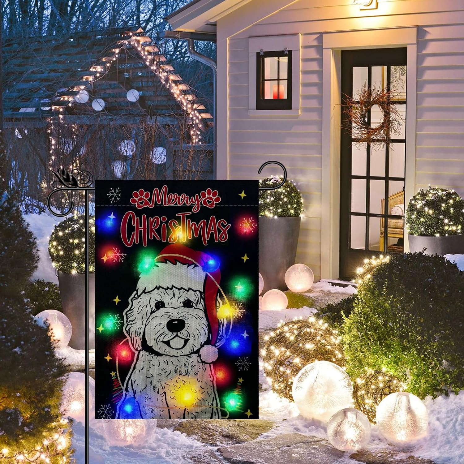 Christmas Garden Flag Lighted Xmas Golden Doodle Flags for Outside Solar Led Double Sided Burlap Winter Holiday Dog Decorations Yard Lawn Outdoor Decor 12.5 x 18 Inch