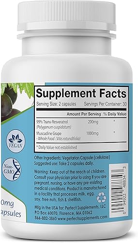 Miniatura 2 de Perfect Supplements Resveratrol Perfect ResGrape - 60 cápsulas vegetales - Trans-resveratrol y uva muscadina orgánica