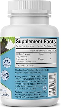 Perfect Supplements Perfect ResGrape Resveratrol 60 Veggie Capsules Trans-Resveratrol & Organic Muscadine Grape