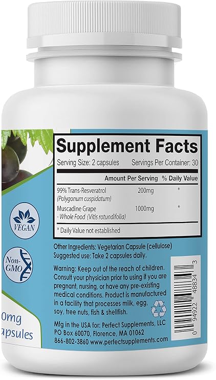 Perfect Supplements Perfect ResGrape Resveratrol 60 Veggie Capsules Trans-Resveratrol & Organic Muscadine Grape