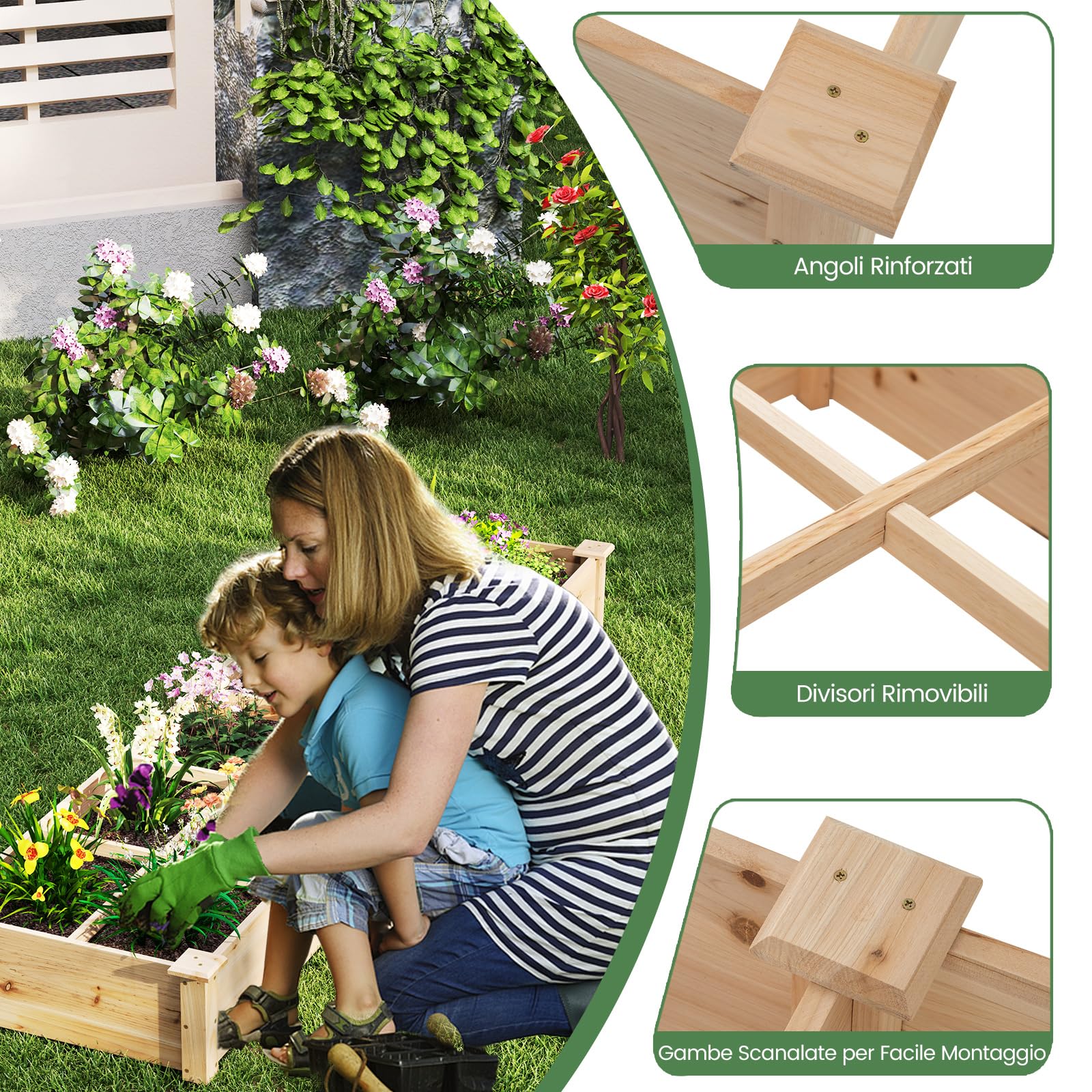 COSTWAY Lettino da Giardino Elevato in Legno con 2 Scatole per Piante e Separatori, Fioriera da Giardino Rialzato in Legno Massiccio da 228 cm per Fiori, Verdure, Frutta e Erbe (Naturale)