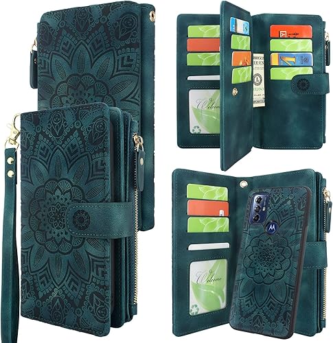 Harryshell Funda de cuero con cremallera magnética desmontable con bolsillo para monedas en efectivo, 12 ranuras para tarjetas, correa de muñeca