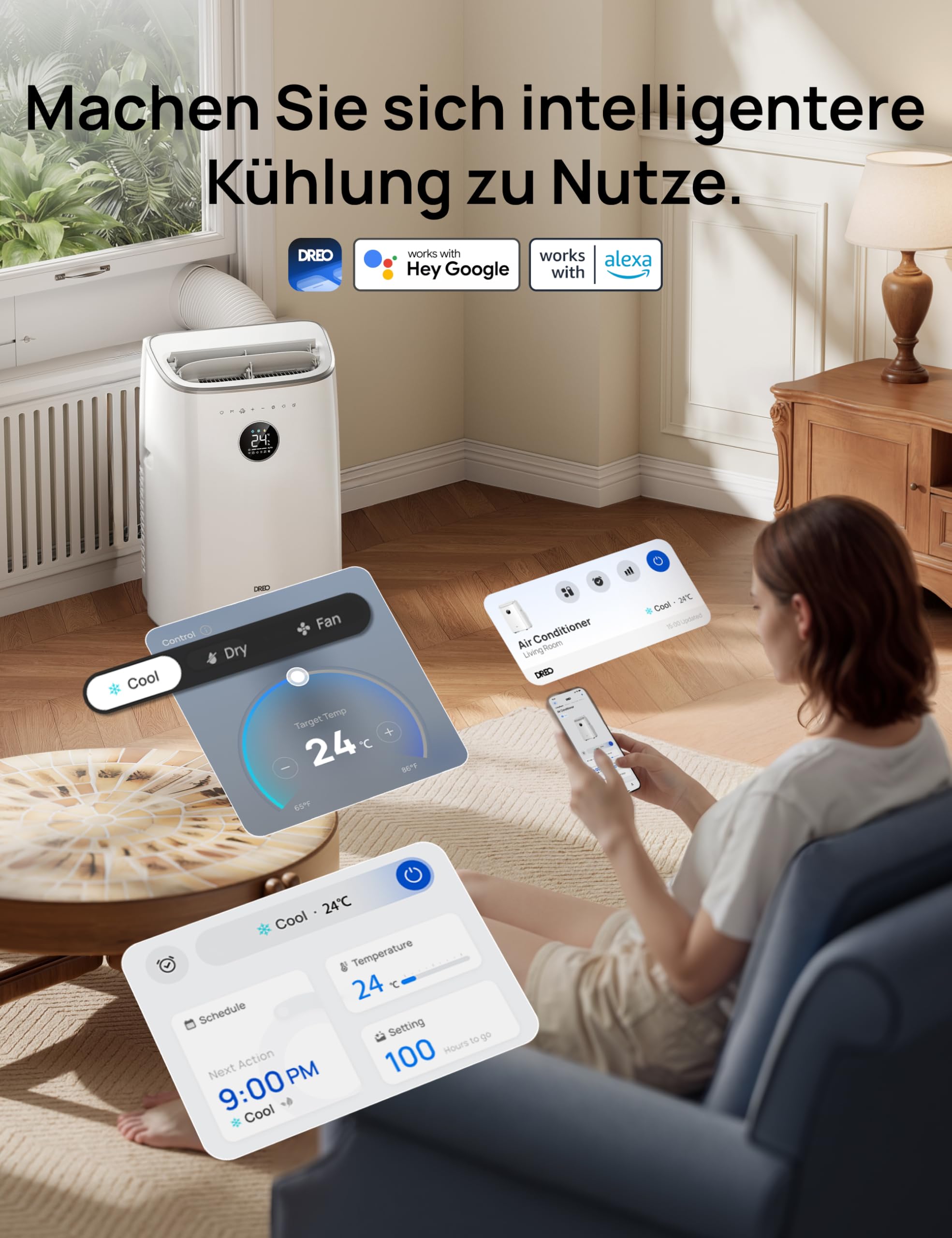DREO 7.500 BTU Mobile Klimaanlage 3-in-1 Kühlen Ventilieren Entfeuchten App-Sprachsteuerung Fenster-Set AC318S