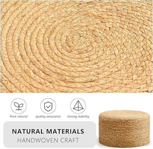 Miniatura 7 de Wimarsbon Puf redondo otomano, reposapiés tejido a mano natural, puf rústico, taburete bohemio, mesa decorativa o asiento (jacinto de agua natural,