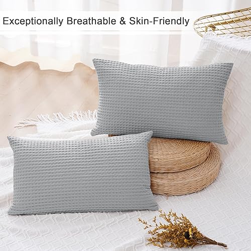 Miniatura 3 de PHF - Funda de almohada lumbar 100% de algodón con tejido de punto gofre, 12 x 20 pulgadas, sin relleno, paquete de 2 fundas de cojín rectangulares