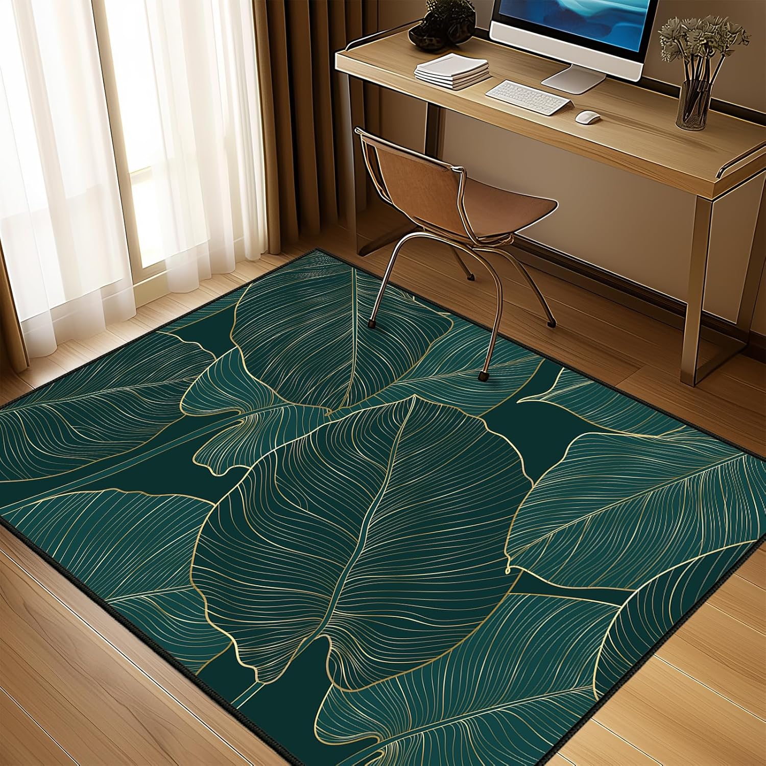 Green Area Rug 5x7 Washable Living Room Rug Tropical Palm Leaves Area Carpet Non Slip Entryway Throw Rugs Ultra-Thin Low Pile Floor Carpets Mat for Bedroom,Dining Room,Laundry,Office,Summer Home Decor