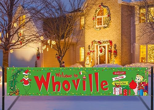 Miniatura 2 de Nepnuser Cartel de bienvenida a Whoville para colgar en la valla de Navidad con diseño de Grinchmas de invierno para fiestas, decoración de Navidad,