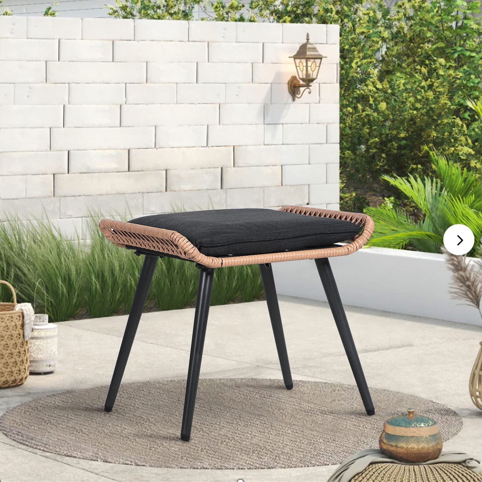 JOIVI Outdoor Wicker Ottoman Set of 2, Patio Rattan Ottomans with Seat Cushions, 2 Pieces Footstool Footrest Seat for Outside Garden, Balcony, Living Room, Black