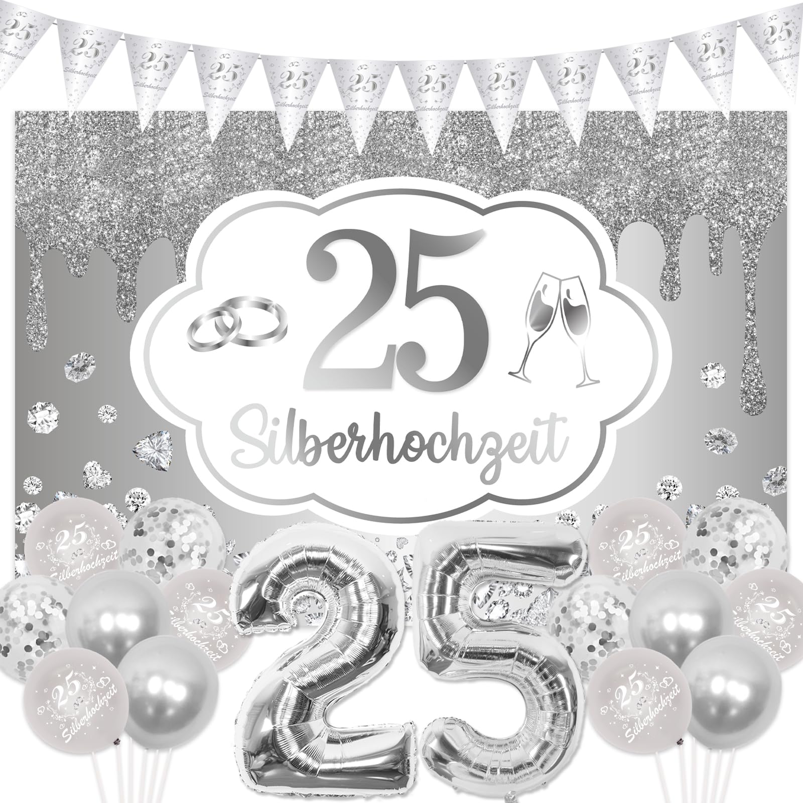 Cheereveal Juego de decoraciones de 25 aniversario de boda, telón de fondo de feliz 25 aniversario, pancarta plateada de 25 aniversario, globos de aniversario de boda plateados, fiesta de 25