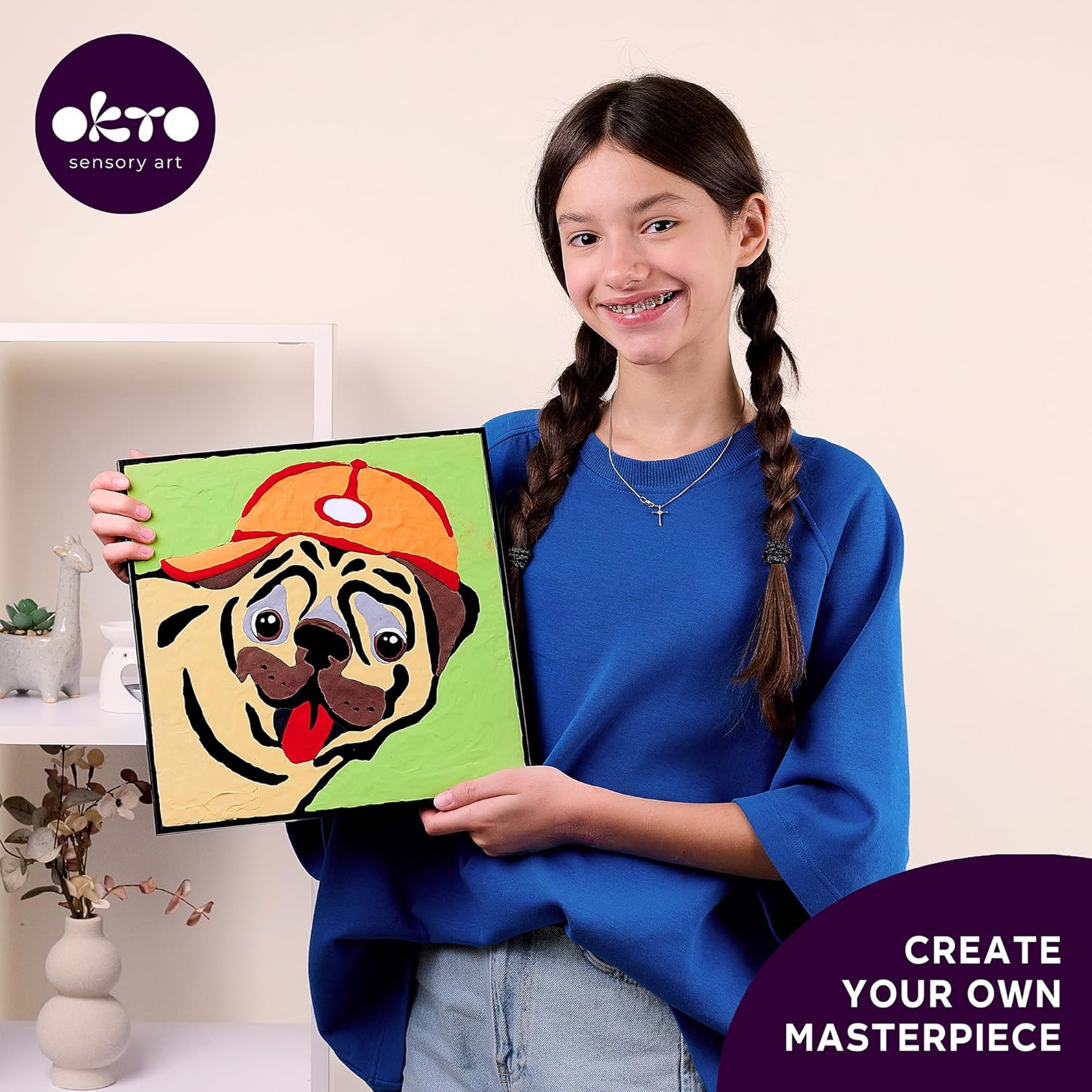 Okto Paint by Numbers for Children - Kid's Paint by Numbers Kits with Air Dry Clay, Unique 2D Wall Art, Sensory Canvas, Pug Themed, Framed Animal Kit for Age 5+