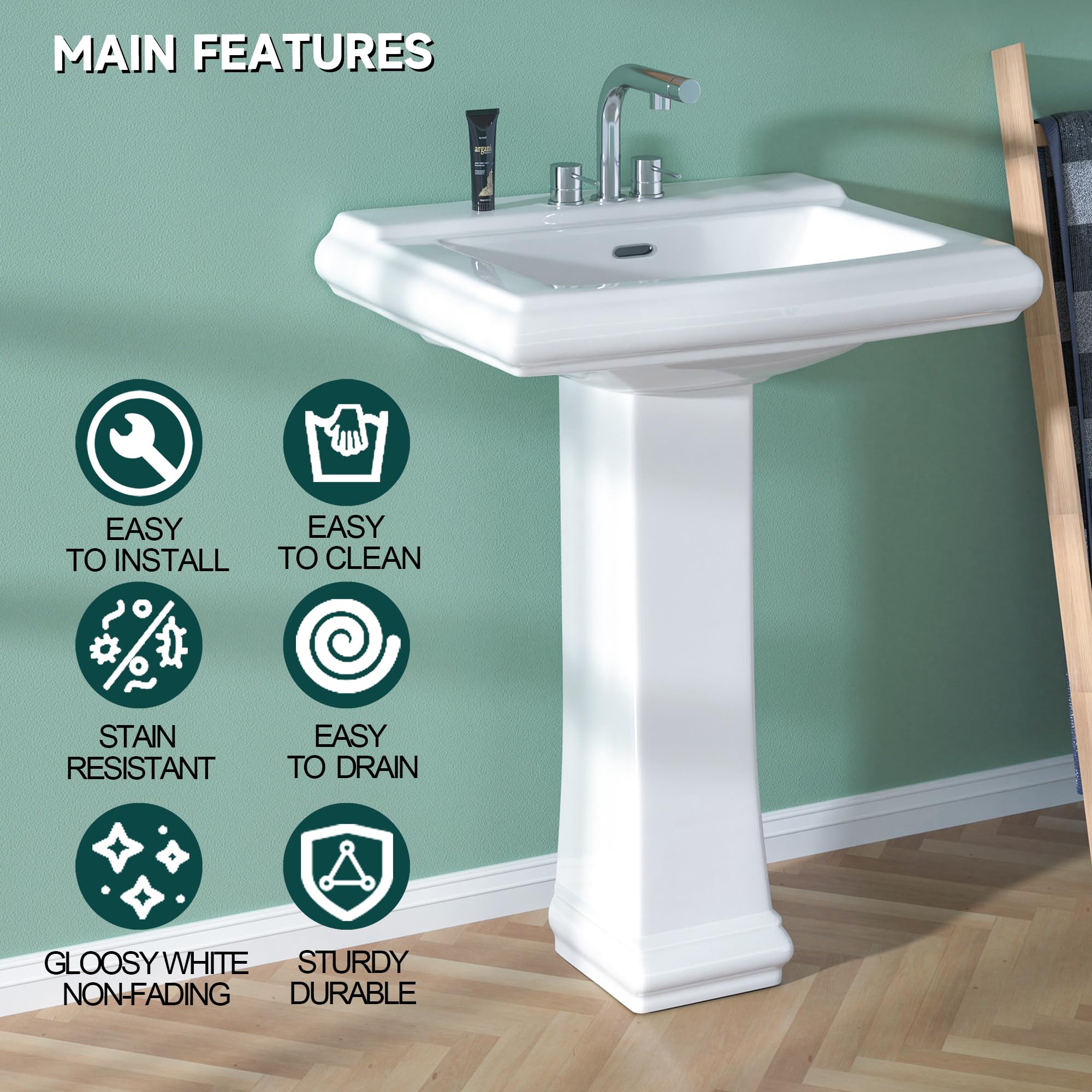 Miuara Pedestal Sink 23 Inch - 3 Hole Porcelain Pedestal Sink Combo For Bathroom, 23"Dx19"Wx36"H, Bone Color, With Backsplash, 1 Overflow Hole & 3 Faucet Hole - View #10