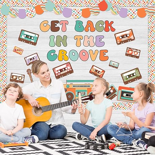 Miniatura 7 de Juego de 86 piezas de decoración de tablón de anuncios retro de música, cintas de cassette de guitarra, recortes de papel a cuadros con 160 puntos